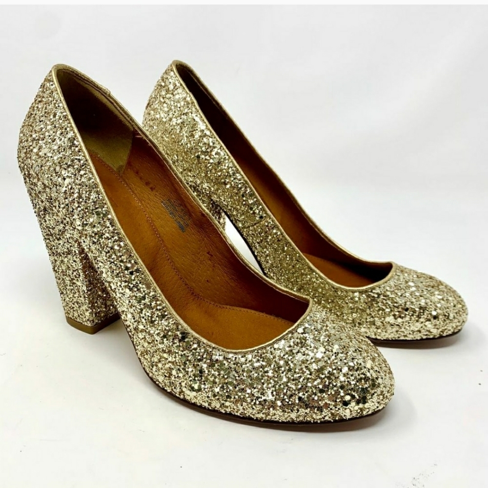 Madewell Frankie Block Heel Pumps in Gold Glitter